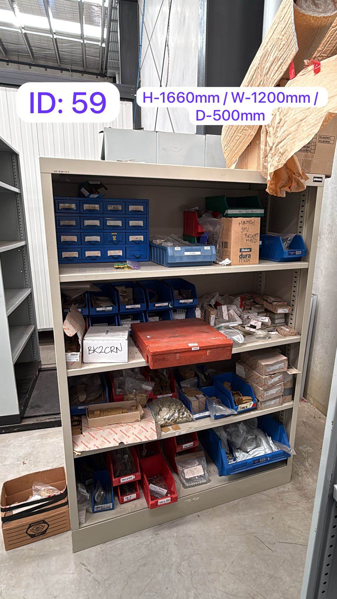 Planex Beige Steel 4-Tier Open Shelving Unit with Assorted Parts, Bins & Fasteners, H1660 x W1200 x D500mm