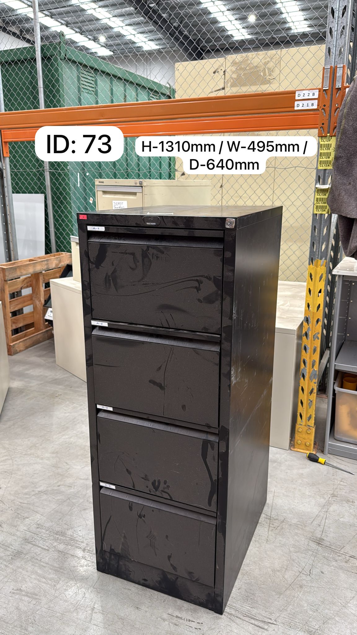 Precision Black Steel 4-Drawer Vertical Filing Cabinet – Lockable, H1310 x W495 x D640mm