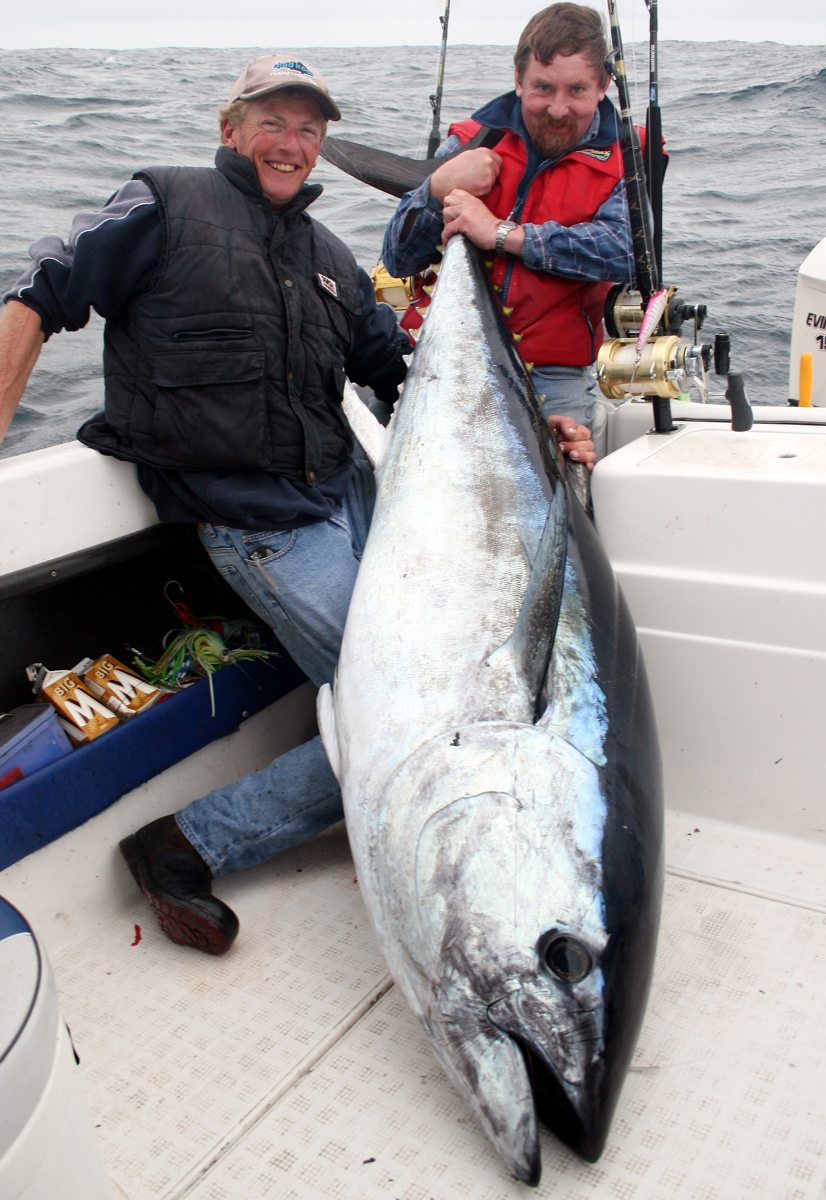 Tim Clarke and Lockie Wombwell with a 125kg southern bluefin tuna caught near the Horseshoe mark off Cape Bridgewater.