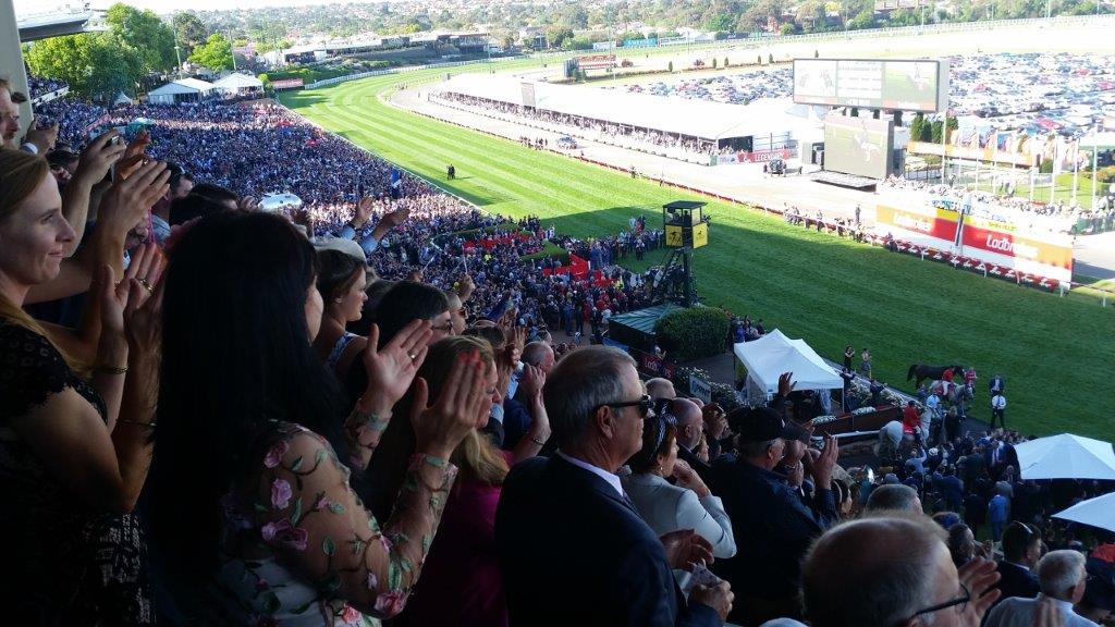 The packed stands rise to cheer their champion.