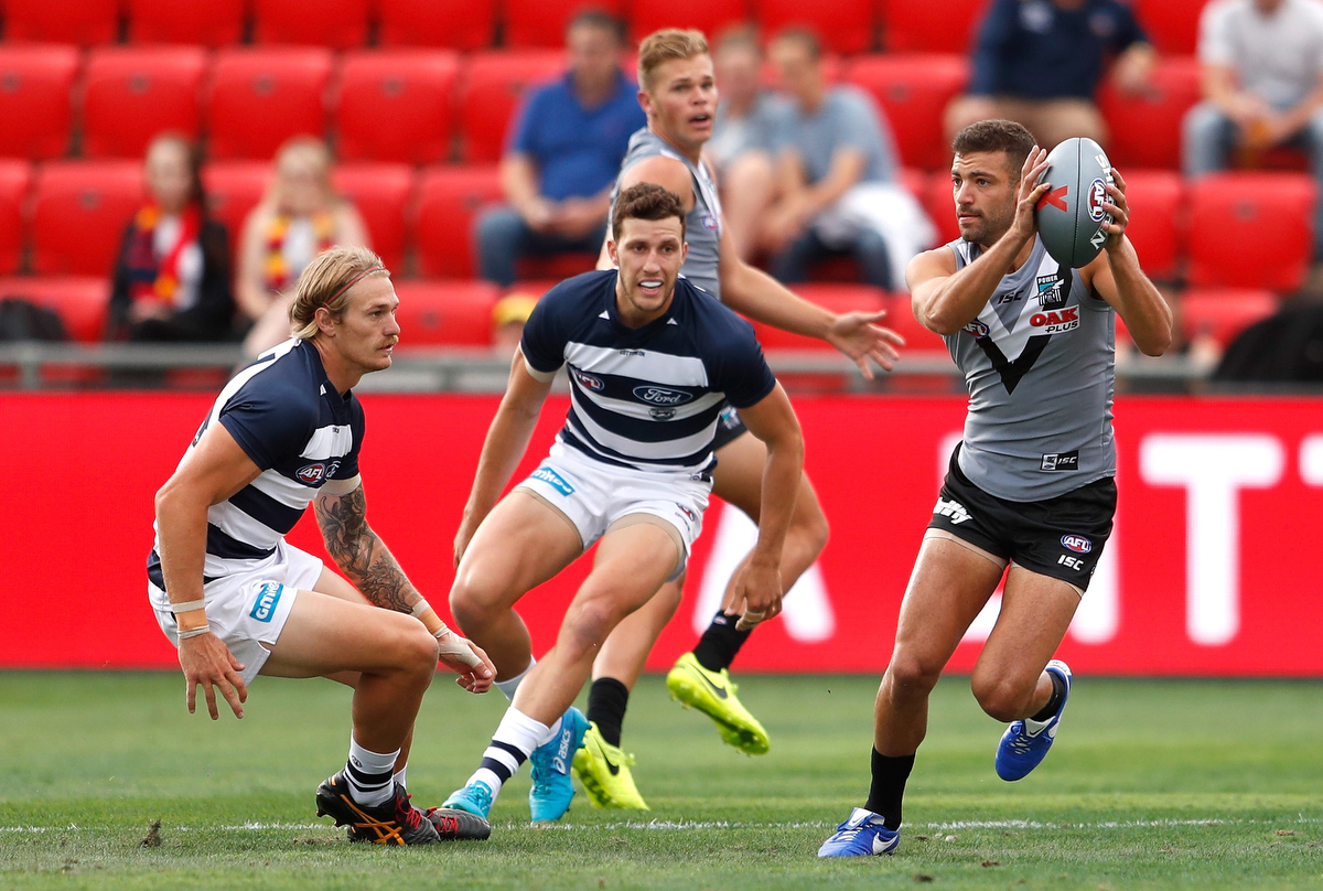 Port Adelaide and Geelong battle it out in the AFLX. Pic: Michael Willson/AFL Media/Getty Images