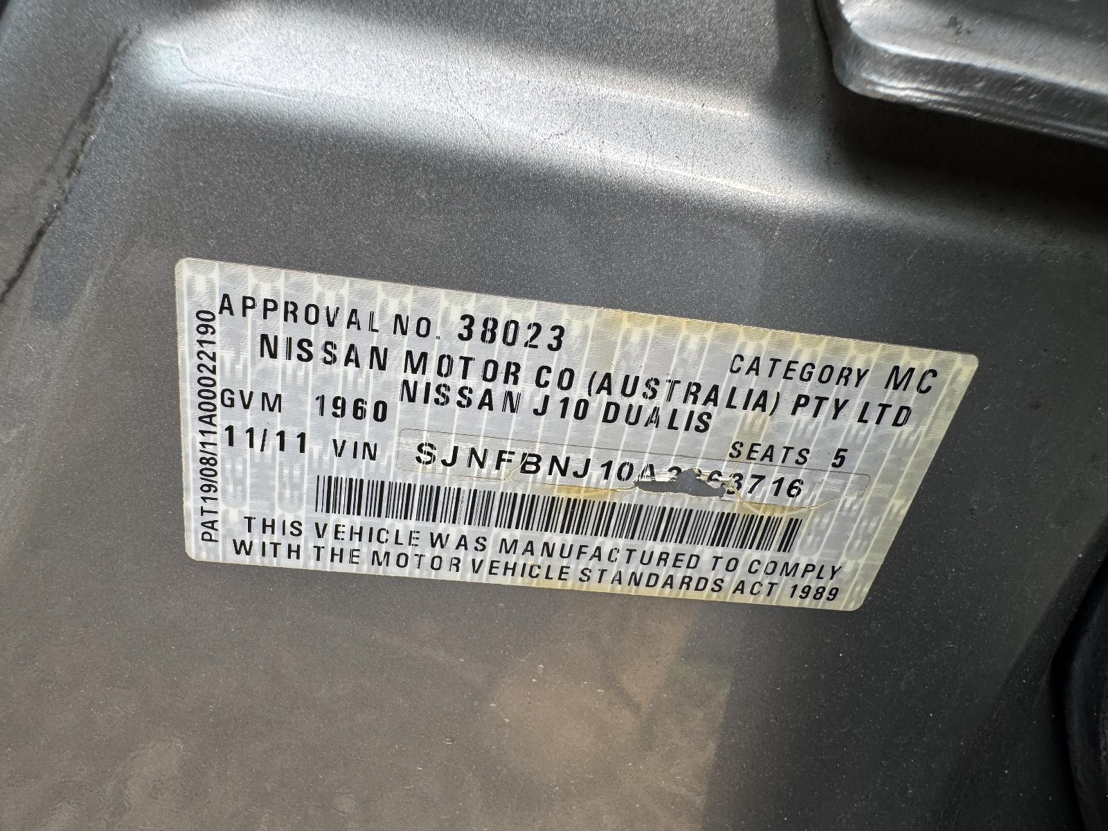 View NISSAN DUALIS 2011 5 Door Station Wagon Breaking