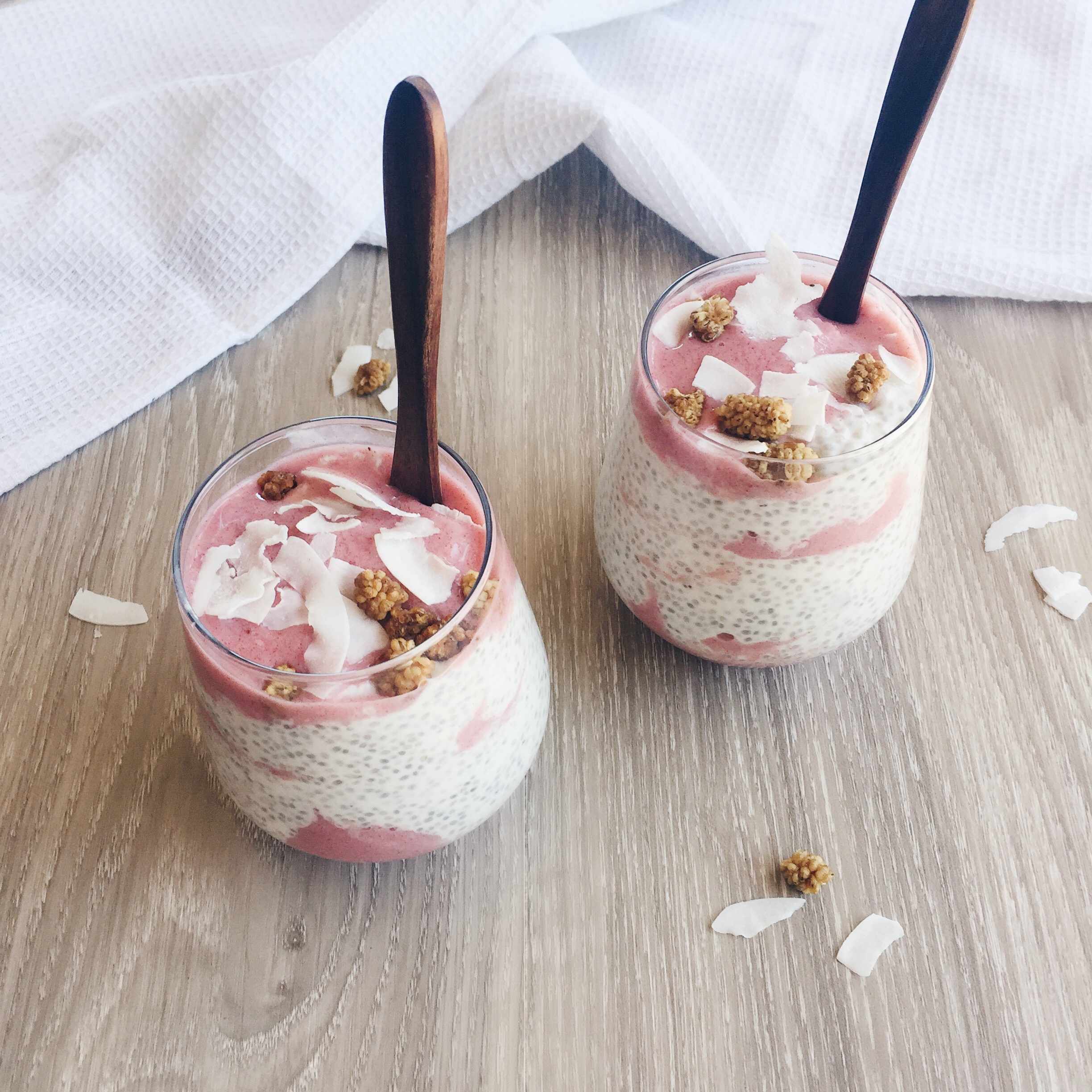 Chia seed pudding with pink and mulberries