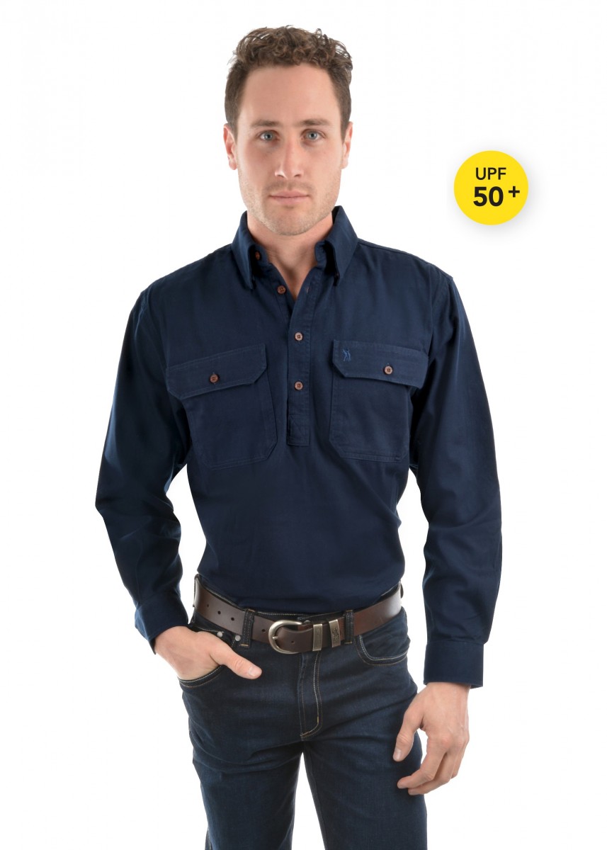 HEAVY COTTON DRILL HALF PLACKET 2-POCKETS L/S SHIRT