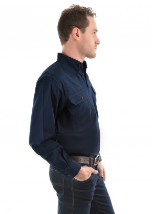 HEAVY COTTON DRILL HALF PLACKET 2-POCKETS L/S SHIRT