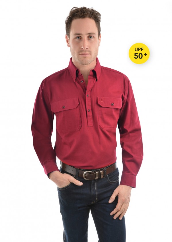 HEAVY COTTON DRILL HALF PLACKET 2-POCKETS L/S SHIRT