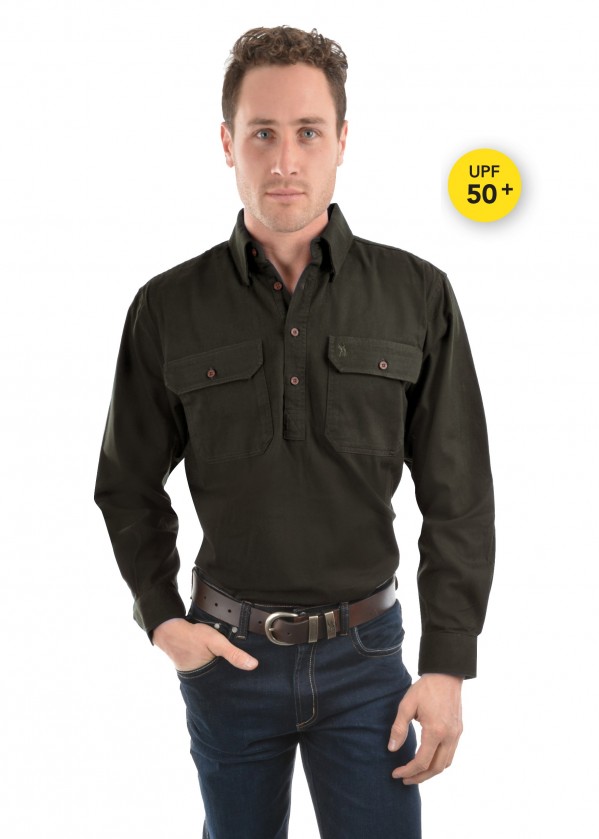 HEAVY COTTON DRILL HALF PLACKET 2-POCKETS L/S SHIRT