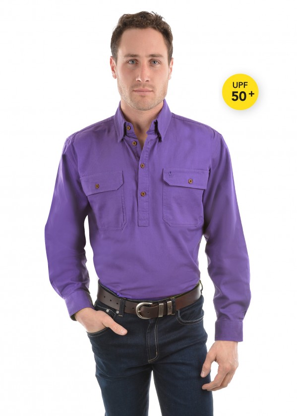 HEAVY COTTON DRILL HALF PLACKET 2-POCKETS L/S SHIRT