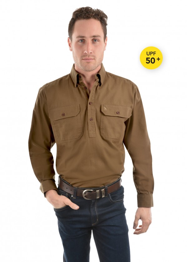 HEAVY COTTON DRILL HALF PLACKET 2-POCKETS L/S SHIRT