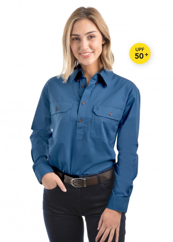 LIGHT DRILL HALF PLACKET 2-POCKETS L/S SHIRT