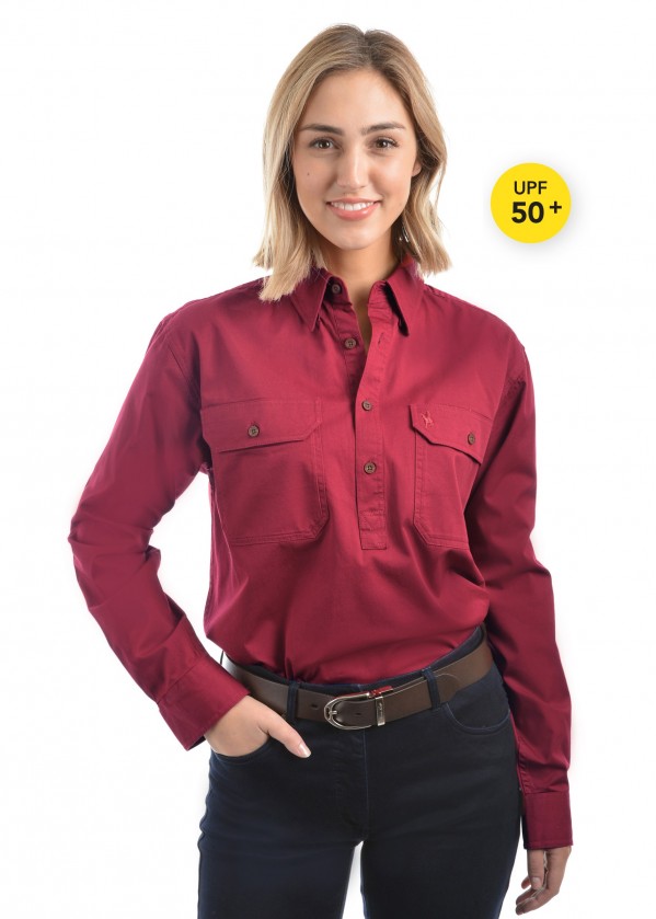 LIGHT DRILL HALF PLACKET 2-POCKETS L/S SHIRT