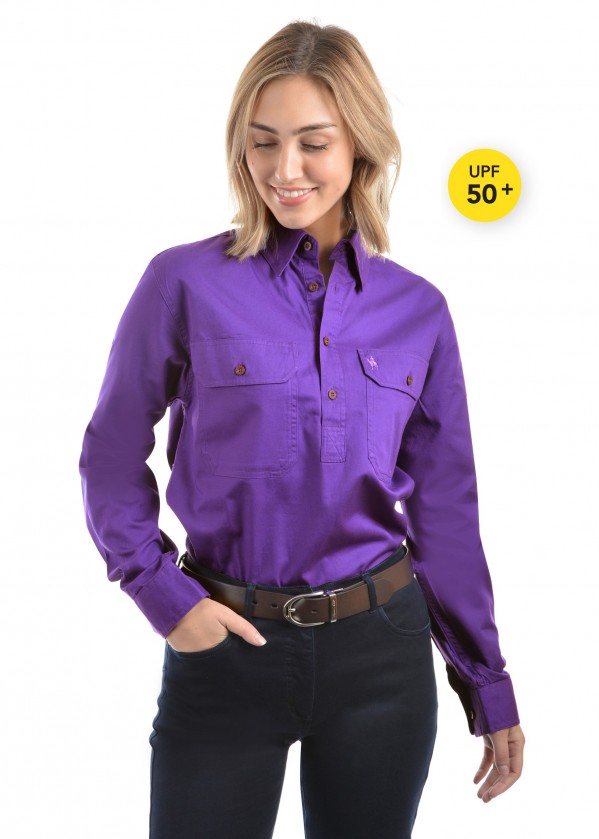 LIGHT DRILL HALF PLACKET 2-POCKETS L/S SHIRT