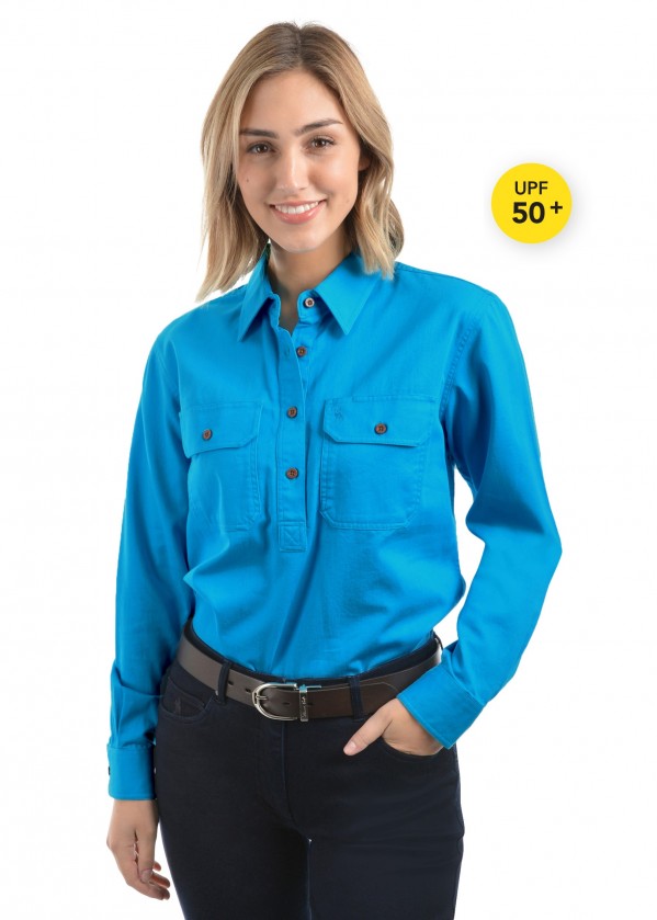 WOMENS HEAVY DRILL HALF PLACKET 2-POCKETS L/S SHIRT