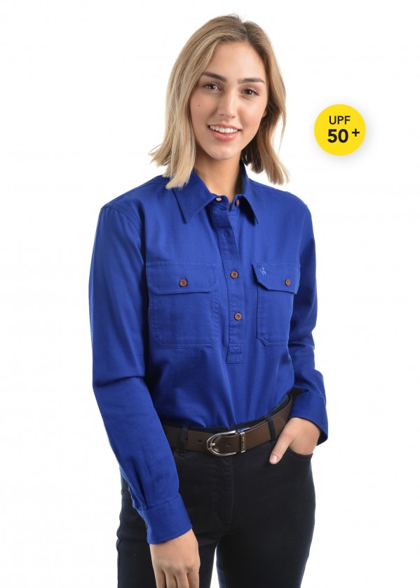 WOMENS HEAVY DRILL HALF PLACKET 2-POCKETS L/S SHIRT