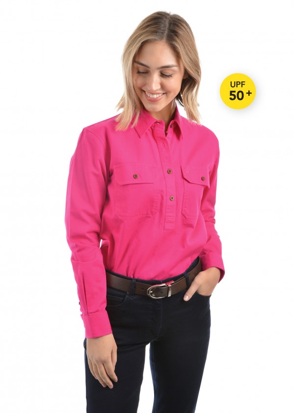 WOMENS HEAVY DRILL HALF PLACKET 2-POCKETS L/S SHIRT