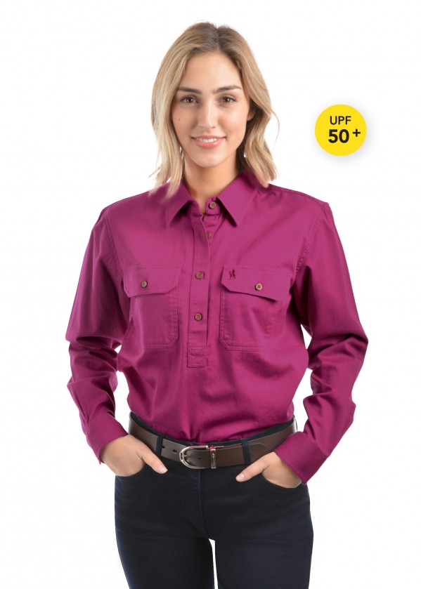 WOMENS HEAVY DRILL HALF PLACKET 2-POCKETS L/S SHIRT