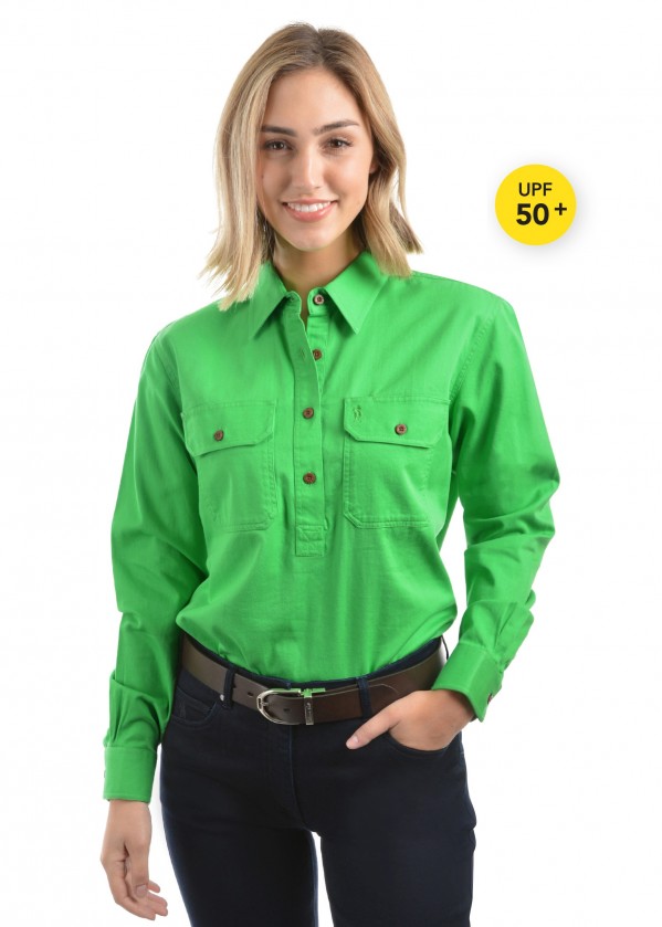 WOMENS HEAVY DRILL HALF PLACKET 2-POCKETS L/S SHIRT