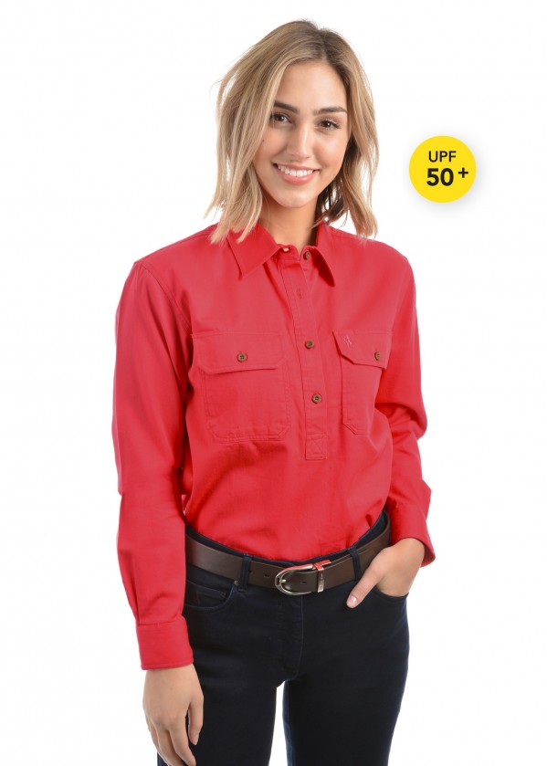 WOMENS HEAVY DRILL HALF PLACKET 2-POCKETS L/S SHIRT