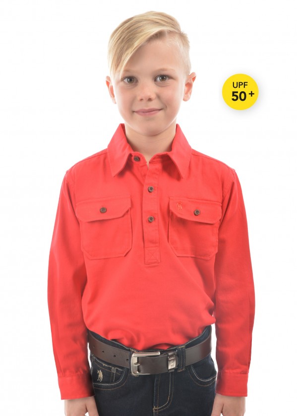 KIDS HEAVY COTTON DRILL HALF PLACKET 2-POCKETS L/S SHIRT