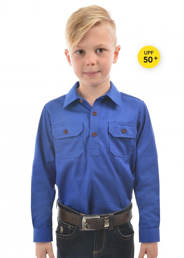 KIDS HEAVY COTTON DRILL HALF PLACKET 2-POCKETS L/S SHIRT