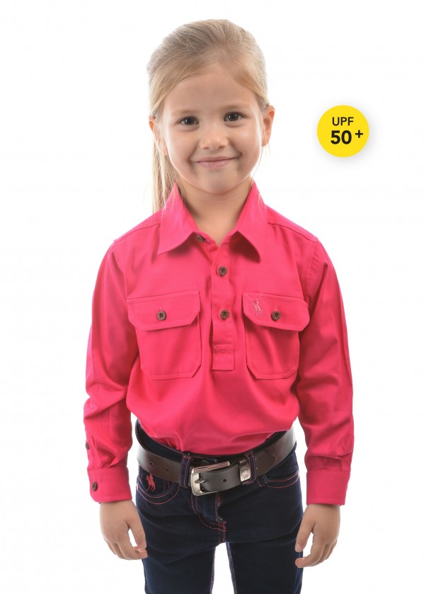 KIDS HEAVY COTTON DRILL HALF PLACKET 2-POCKETS L/S SHIRT