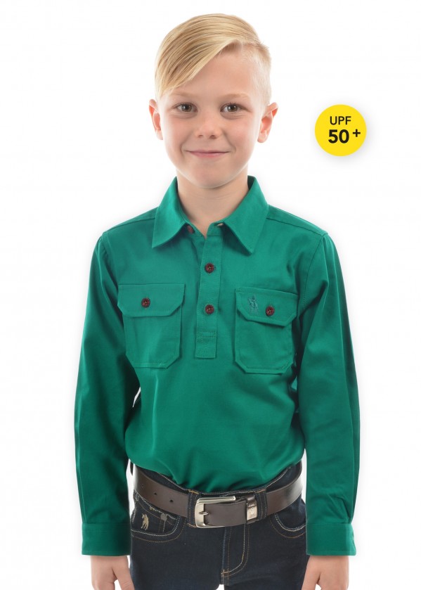 KIDS HEAVY COTTON DRILL HALF PLACKET 2-POCKETS L/S SHIRT