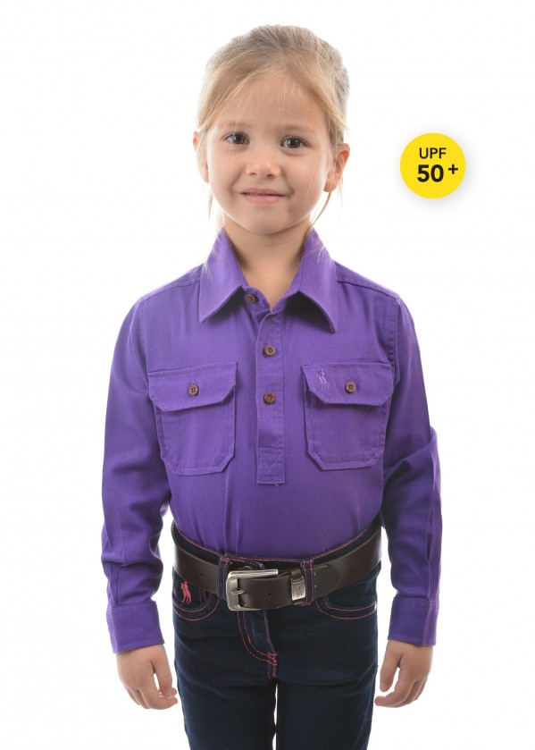 KIDS HEAVY COTTON DRILL HALF PLACKET 2-POCKETS L/S SHIRT