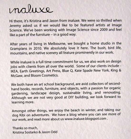 Artist bio. from the lovely Kristina and Jason.