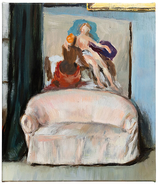 Archer Davies, The Sofa at the Studio on the Rue La Condamine 1870 after Bazille, oil on linen, 23cm x 27cm, 2024