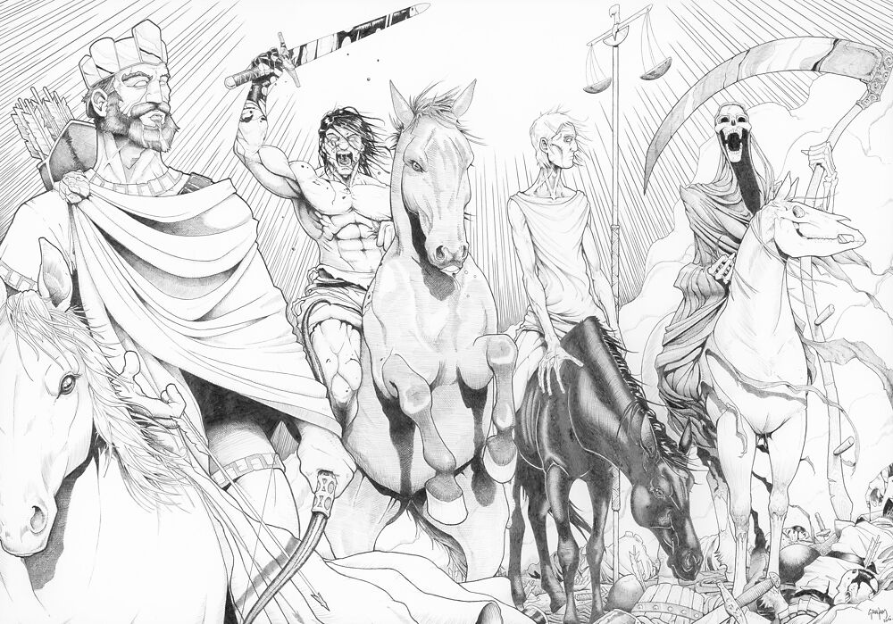 The Four Horsemen of the Apocalypse: Conquest, War, Famine, and Death.