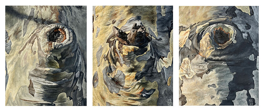 Karen Standke, Lost Limbs Triptych II, 20 x 25cm each, 2025, Oils on Canvas