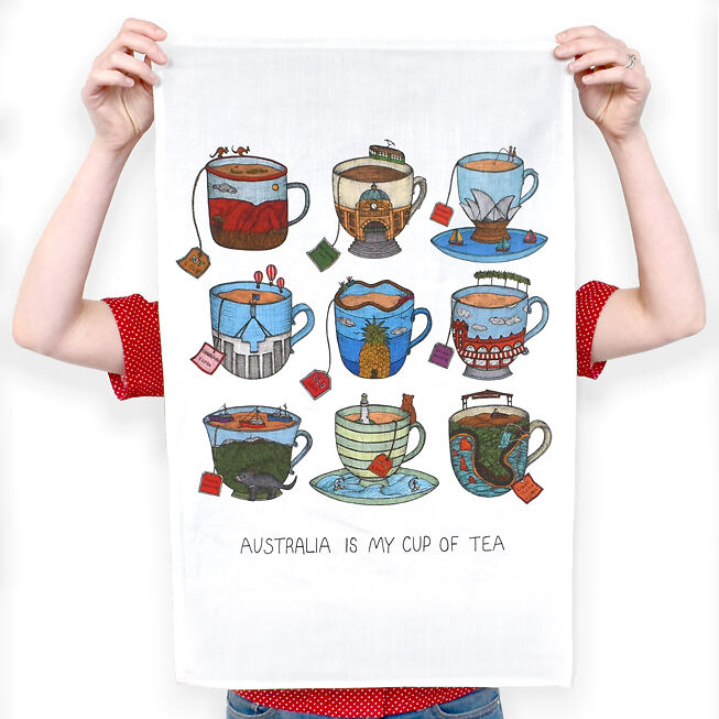 Aussie Teacup Tea Towel holding