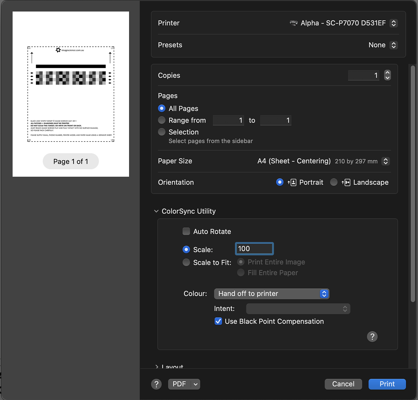 Printing Black & White Targets on Mac using ColorSync… Image Science