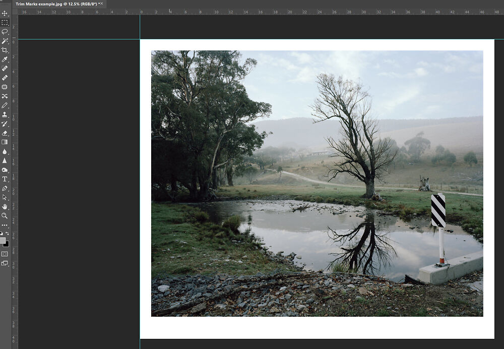 Click and drag from the ruler bars to place guidelines, which snap to the edges of your canvas if you have this feature turned on.