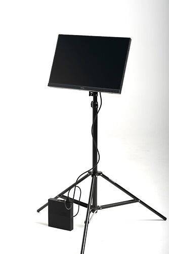 Battery in use with tripod mounted monitor