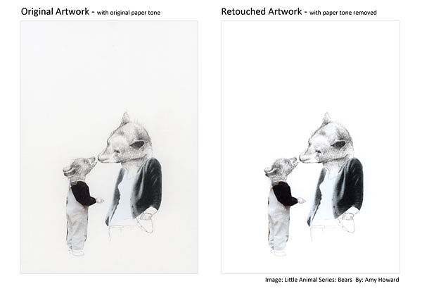 Example of an artwork reproduction with the paper tone still in, versus removed.