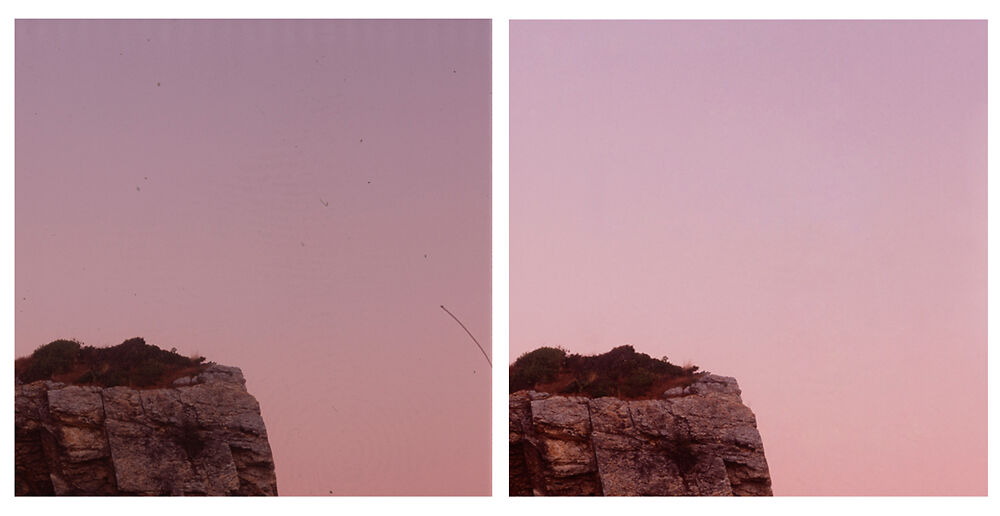 Raw Film Scan at 100% Zoom - Retouched Film Scan with Dust & Scratch Removal