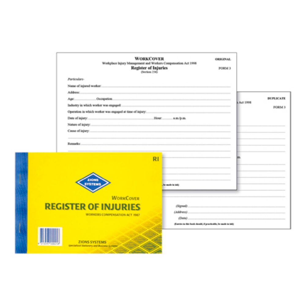 Zions Work Cover Register of Injuries NSW Book