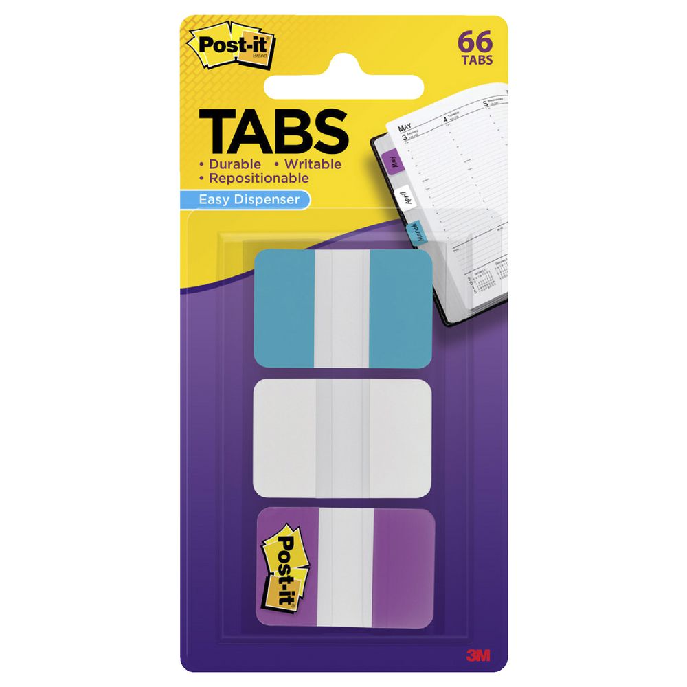Post-it Tabs 25 x 38mm Aqua/White/Violet 3 Pack