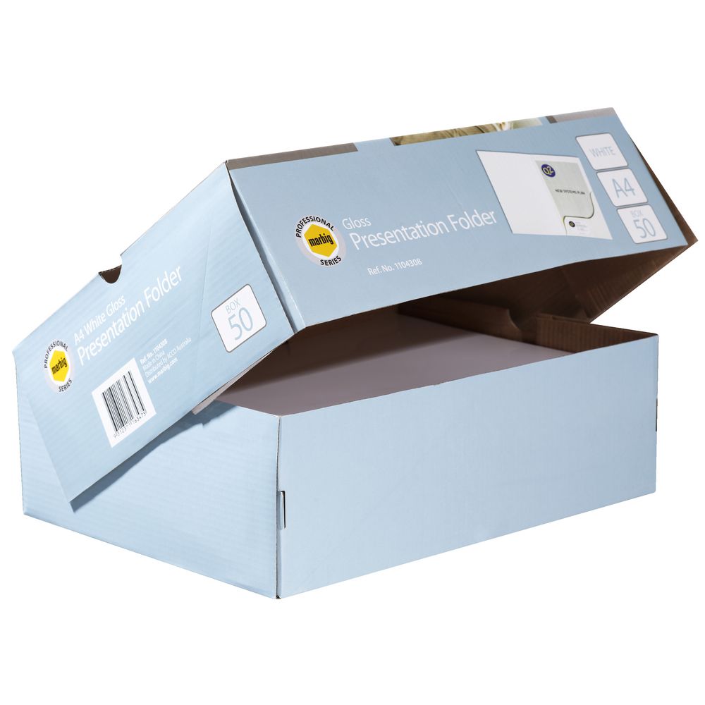 Marbig A4 Presentation Folder Gloss White 50 Pack