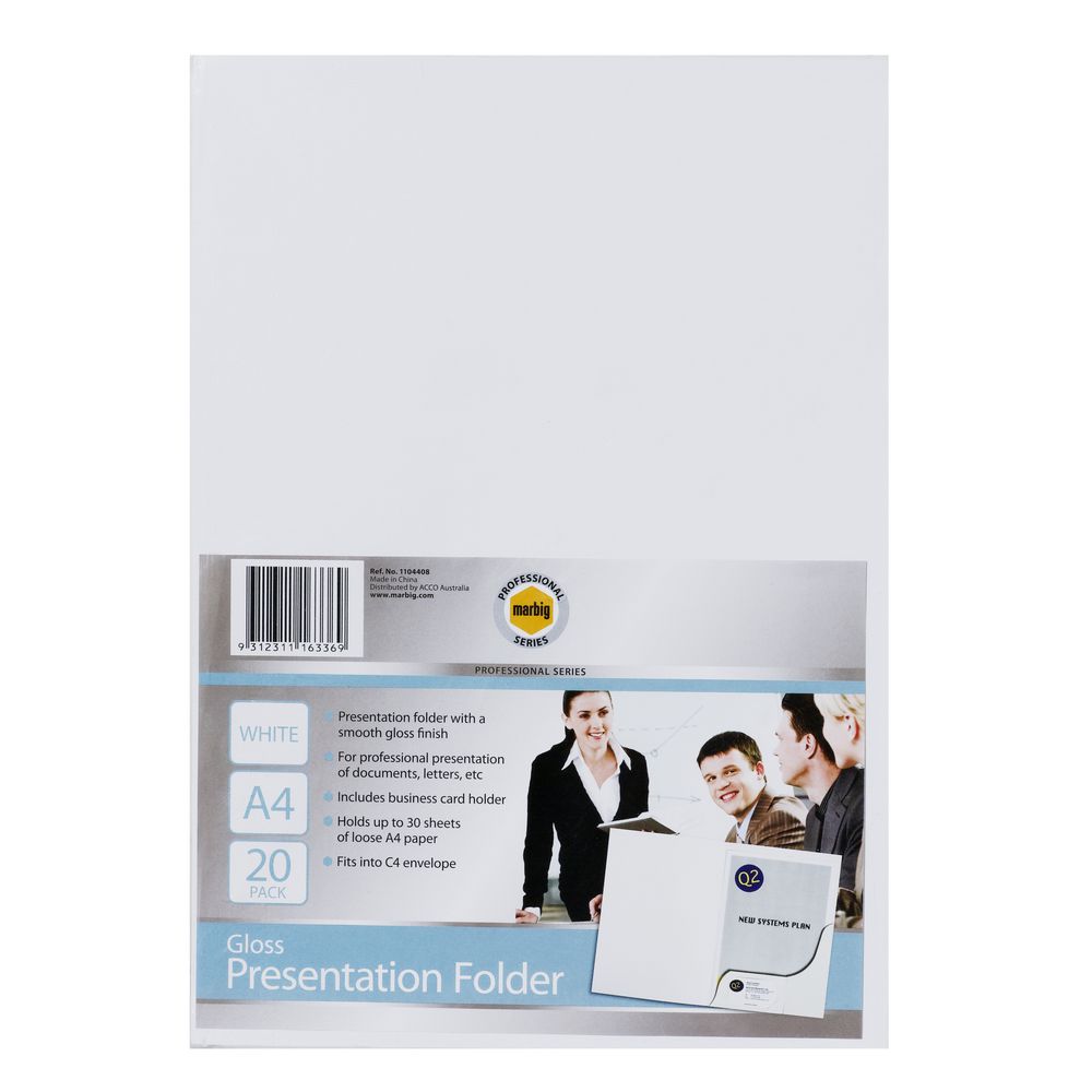 Marbig A4 Presentation Folder Gloss White 20 Pack