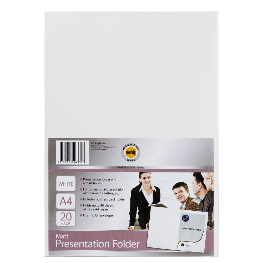 Marbig A4 Presentation Folder Matte White 20 Pack