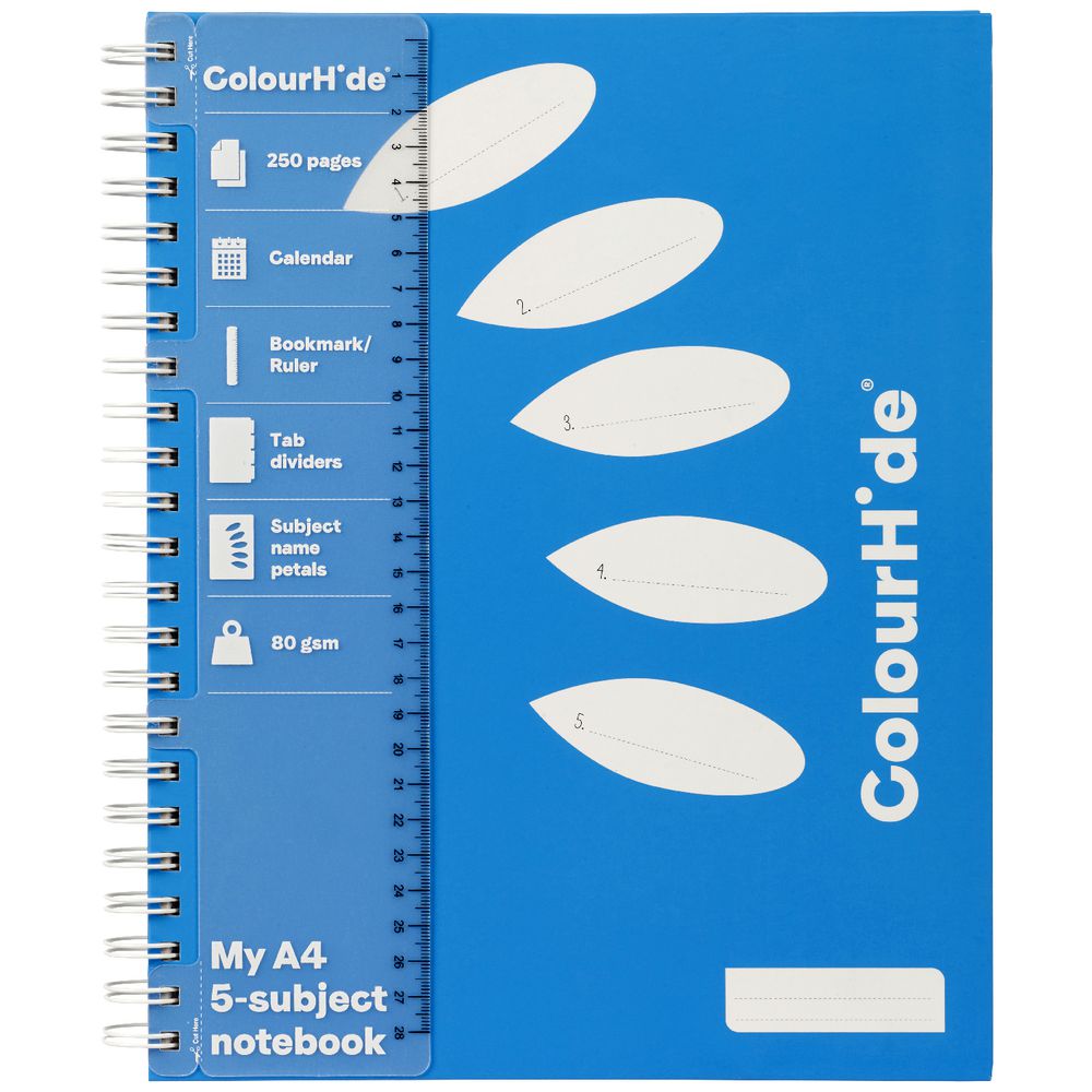 ColourHide 5 Subject Notebook A4 250 Page Blue