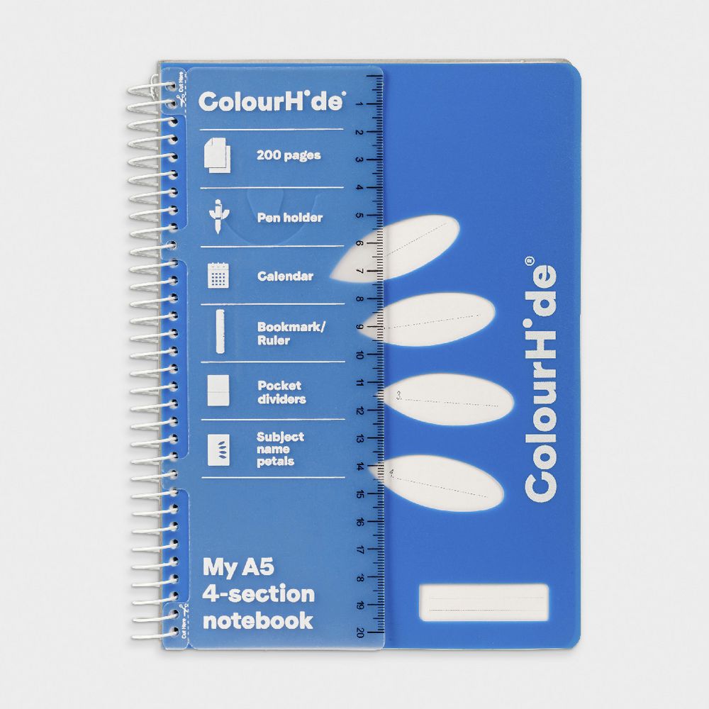 ColourHide 4 Section Notebook A5 200 Page Blue