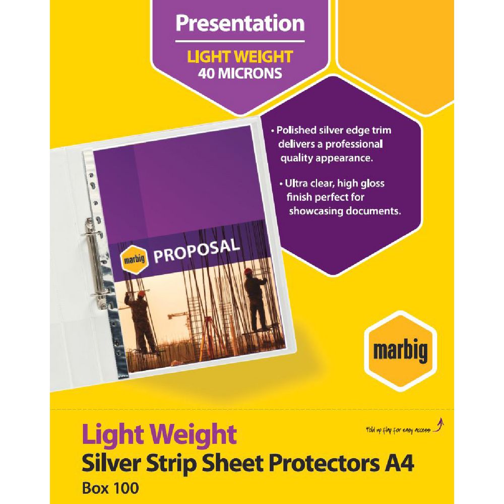 Marbig A4 Light Weight Sheet Protector Silver Edge 100 Pack