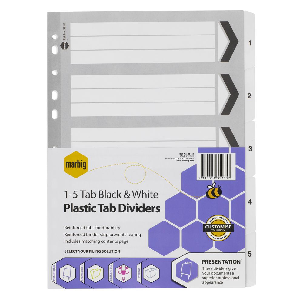 Marbig Reinforced A4 1-5 Tab Divider Black and White