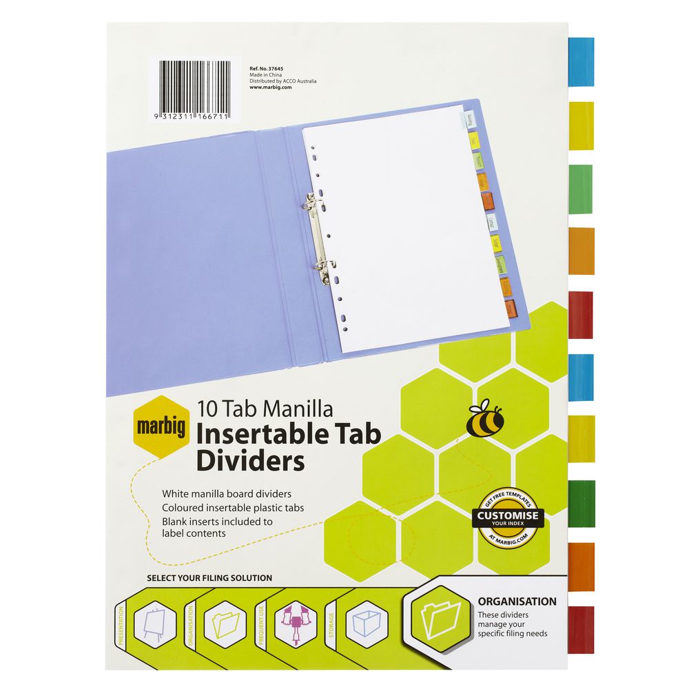 Marbig A4 Insertable Divider with 10 Coloured Tabs