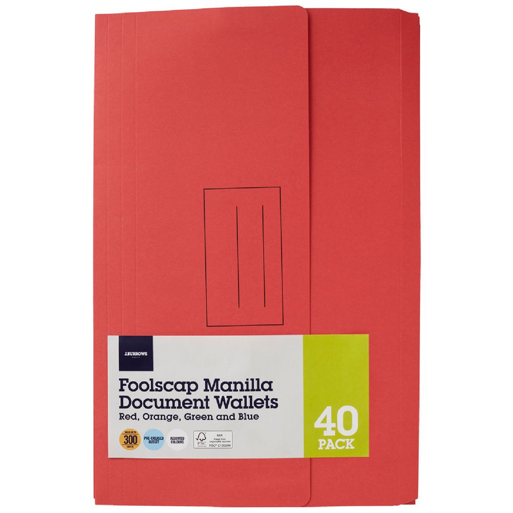 Document Wallet Foolscap 240gsm Assorted Colours 40 Pack