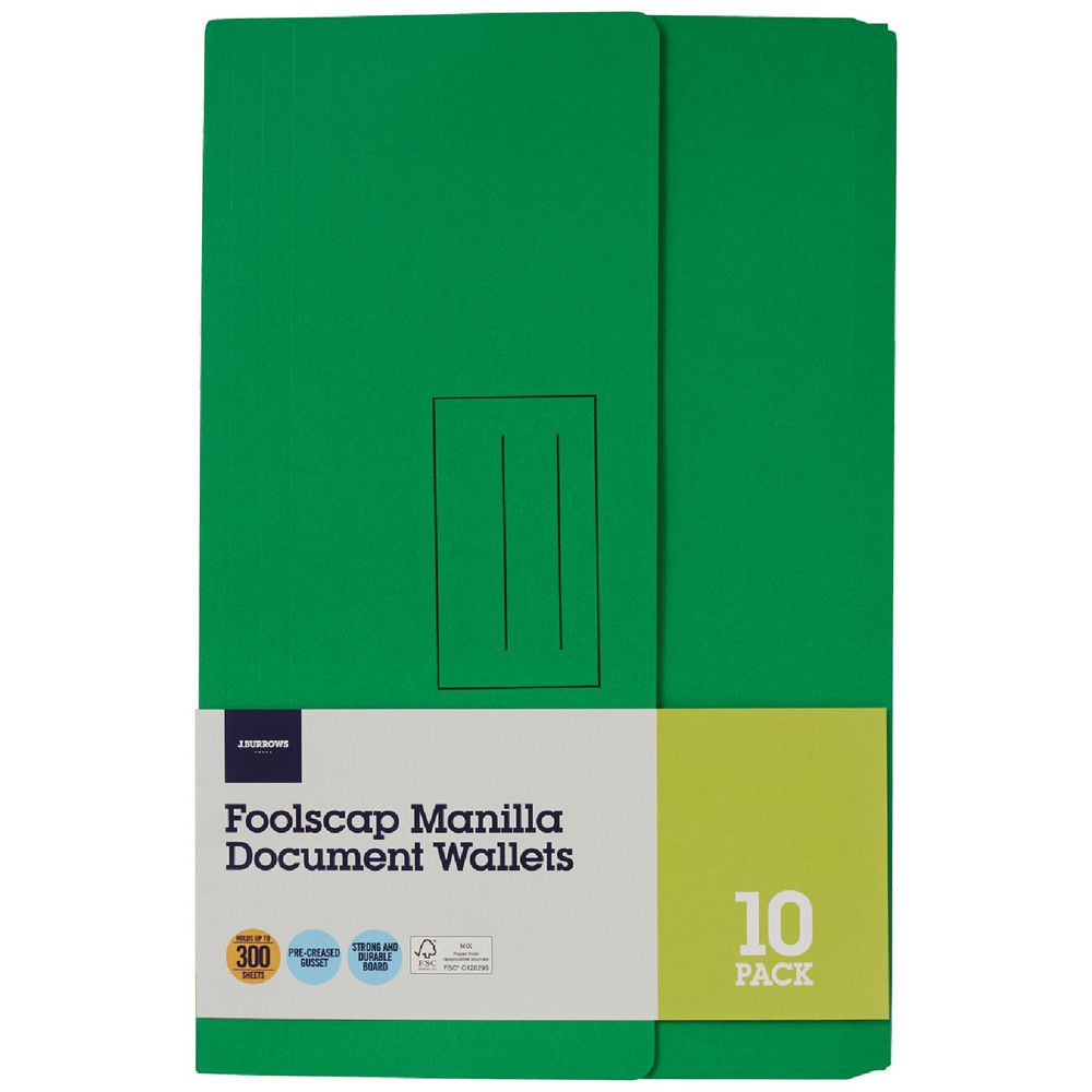 Document Wallet Foolscap 240gsm Green 10 Pack