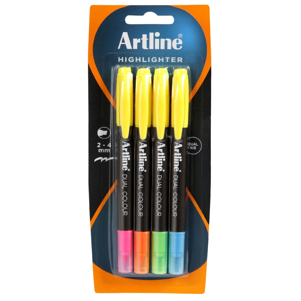 Artline Dual Nib Highlighters Assorted 4 Pack